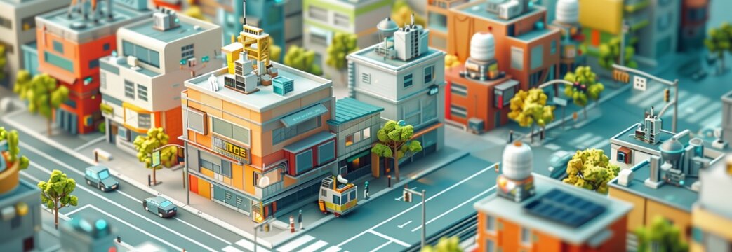 A vibrant cityscape showcasing modern buildings and bustling streets with greenery.