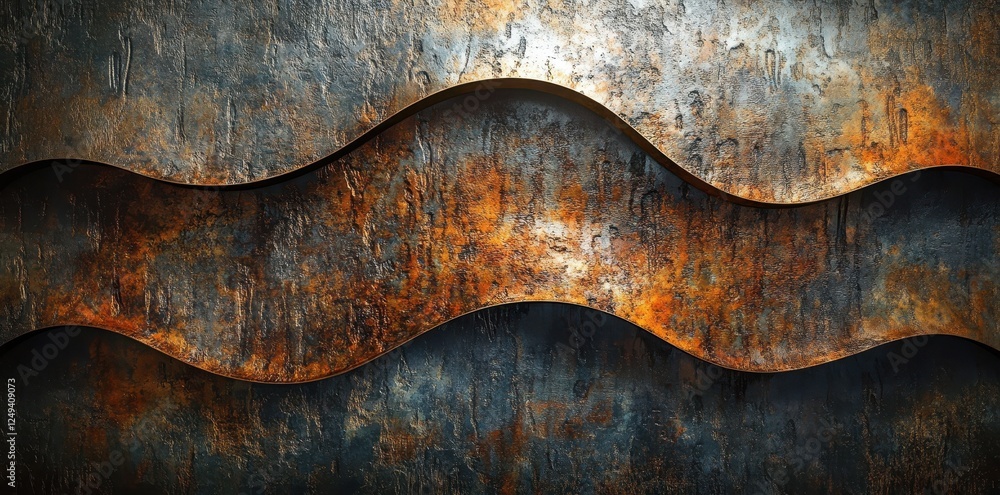 Poster abstract composition showing layered rusty metal with wave like lines