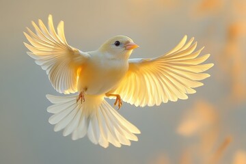 A delicate yellow bird in mid-flight, showcasing its vibrant feathers.