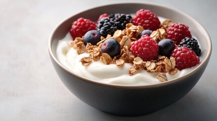 An appealing bowl of yogurt adorned with a variety of fresh berries and granola, creating a delightful visual feast that embodies health and indulgence in every bite.