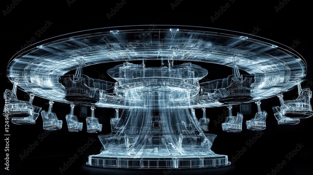 Poster abstract digital representation of a carousel against a black background, showcasing intricate lines