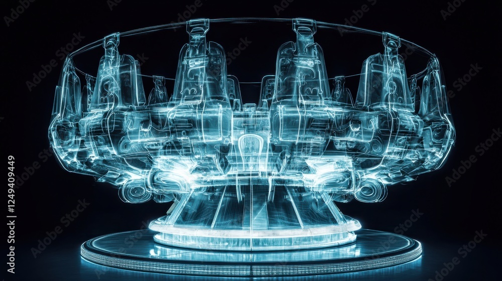 Poster abstract digital rendering of a rotating, transparent crystal structure with glowing, geometric figu