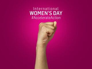 International women's day concept banner. Women's hand protest symbol isolated with lettering typography. 2025 theme- Accelerate Action 