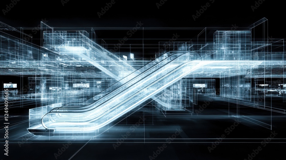 Poster abstract digital illustration of intersecting escalators, glowing white lines against a dark backgro
