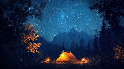 A tent set up in the woods beside a glowing campfire surrounded by trees and natural scenery