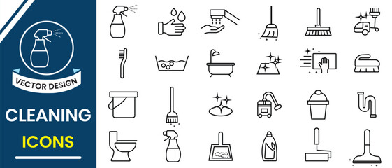 Cleaning icons, vector set. Cleaning related vector line icons. Washing, cleaning, laundry symbol, window sponge and vacuum cleaner icon collection for web. Vector illustration.