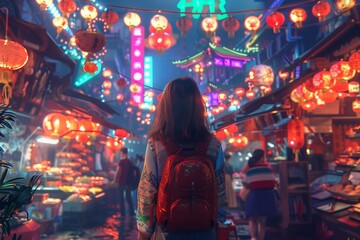 Obraz premium A vibrant night market filled with colorful lanterns and diverse street vendors.
