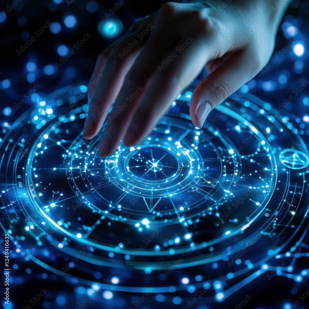 Poster a hand interacts with a glowing, futuristic interface displaying intricate patterns and stars, sugge