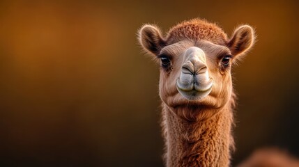 Obraz premium This stunning image features an expressive camel against a beautifully blurred background, capturing the essence of warmth and tranquility in a single frame.