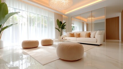 A bright and spacious modern living room design featuring contemporary furnishings, large windows, and minimalist decor elements that create a refreshing atmosphere for leisure.