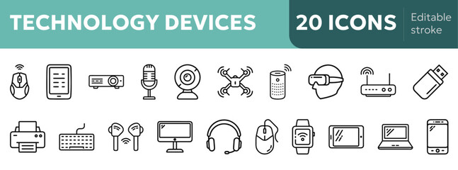 30+ technology device icons including smartphone, laptop, tablet, smartwatch, headphones, printer, keyboard, mouse, VR headset, drone, perfect for tech apps, websites and presentations