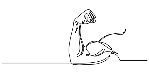 Arm shows bicep fist. Continuous one line vector drawing, shows bicep continuous one line vector drawing, Man's hand shows  fist on the biceps in line style. Continuous one line vector drawing concept