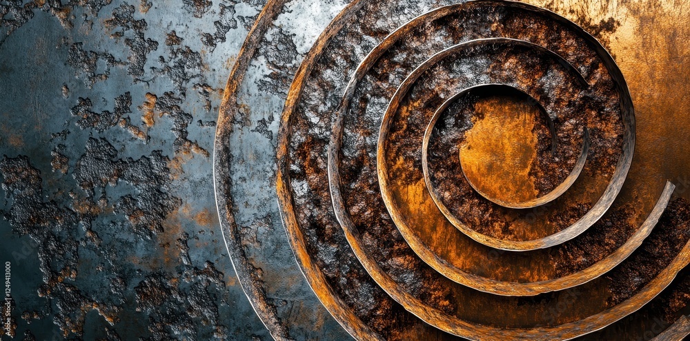 Poster concentric rusty metal circles form a textured spiral pattern