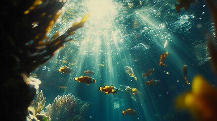 Sunlight streams through underwater coral reef with fish.  Possible use Stock photo