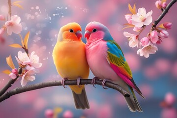 Valentine : Two Colorful Birds Perched Gracefully on a Branch Surrounded by Lush Green Leaves in a Vibrant Forest Setting Evoking a Sense of Tranquility and Natural Beauty in the Wild
