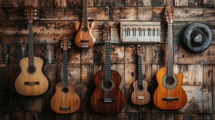 Naklejka premium Various musical instruments adorn a rustic wooden wall beautifully