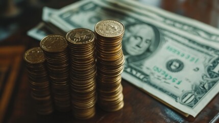 Coin stacks growing near dollar bills on table