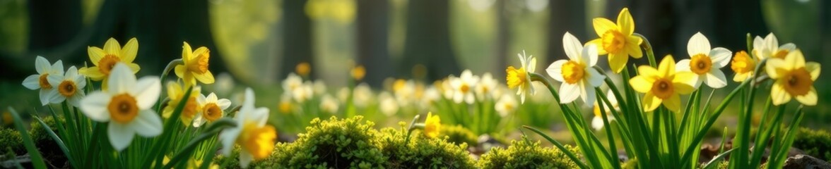 Narcissus tazetta flowers blooming in the undergrowth, white, forest, yellow