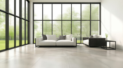A spacious modern interior with large floor-to-ceiling windows allowing soft natural light