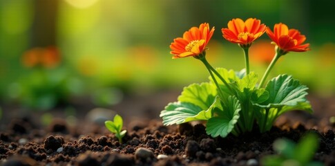 Nasturtium blooms bursting through garden soil, greenery, plant