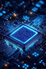 Fototapeta premium Close-up of a blue microchip with circuits on a motherboard