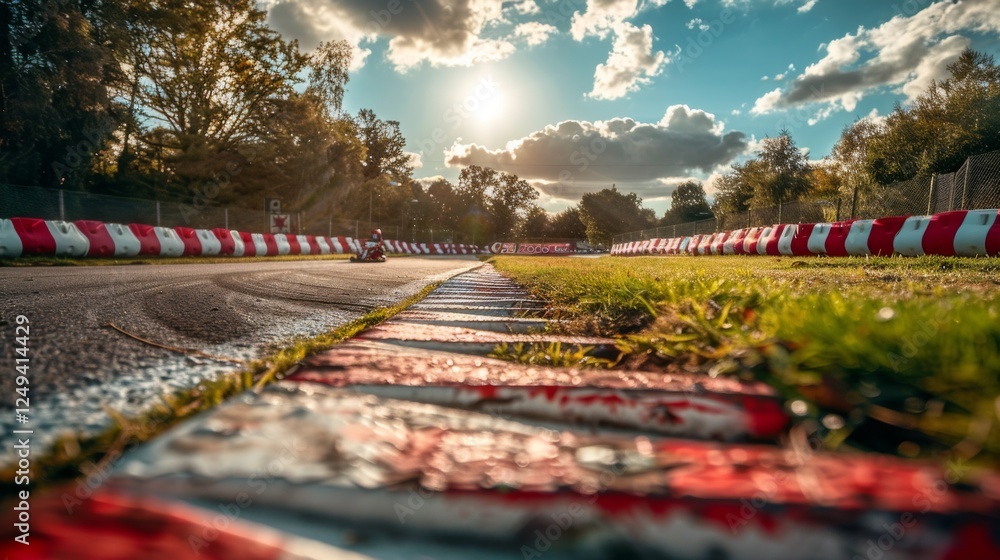 Poster a go kart speeds around a winding outdoor track framed by colorful curbs under a clear blue sky with