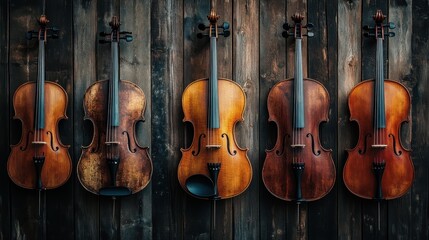 Naklejka premium Five violins displayed against a rustic dark wood background