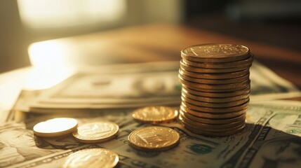 Coins and dollar bills on table, sunlight background, financial wealth concept
