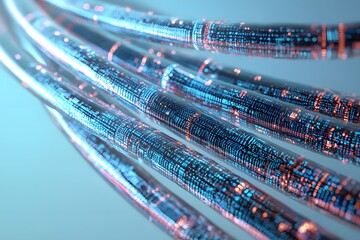 Digital Data Stream: Abstract close-up of glowing fiber optic cables with binary code flowing through them, symbolizing high-speed data transfer and technological innovation.  