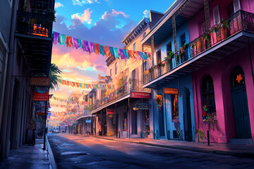 Fototapeta premium Vibrant street with colorful flags at sunset, Mardi Gras