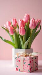 Fototapeta premium Beautiful Pink Tulips in a Charming Gift Box for a Heartwarming Mother's Day Celebration