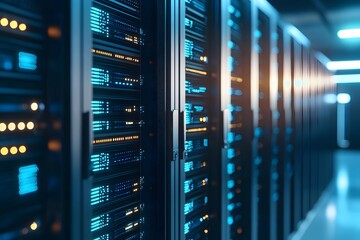Server Room: A captivating and intricate shot of a data center server room, showcasing rows of powerful servers humming with activity and glowing with light in a dynamic technological landscape.