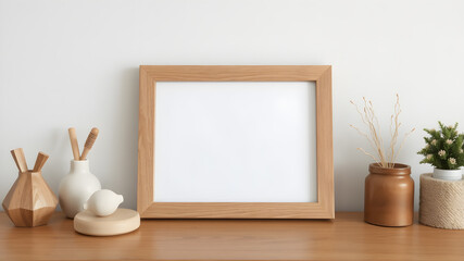 Realistic border wooden rectangular natural frame with shadow. Empty wooden frame boarder for presentations
