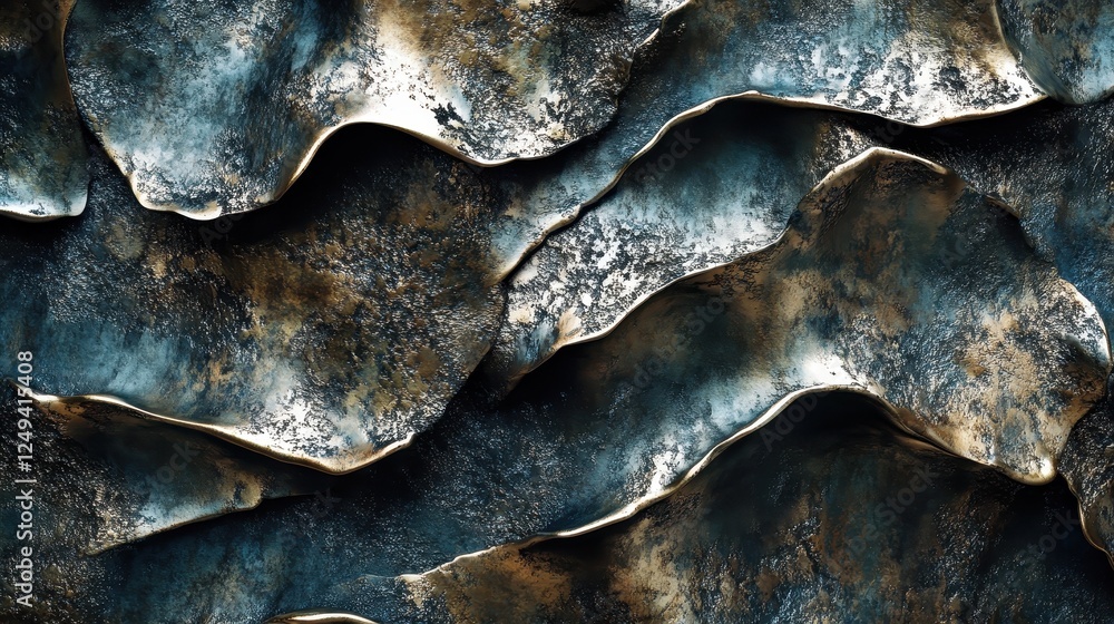 Poster abstract design features overlapping metallic forms with textured surfaces