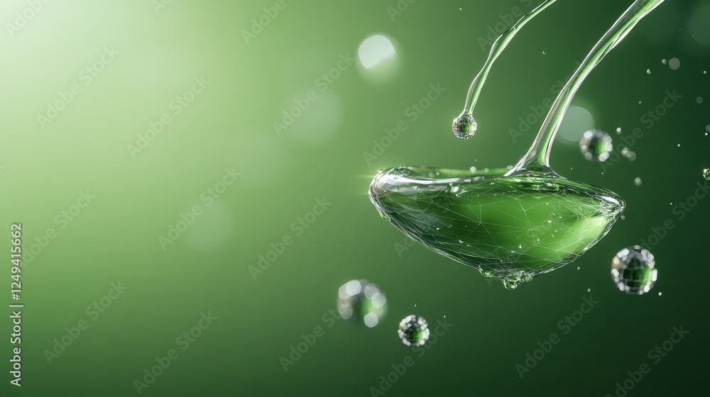 Poster an abstract portrayal of a fluid element, suspended in mid-air, showcasing intricate green patterns 