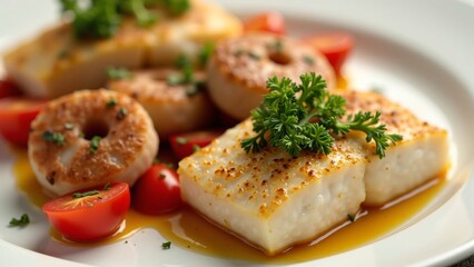Pan-Seared Cod with Crispy Cod Rings and Cherry Tomatoes