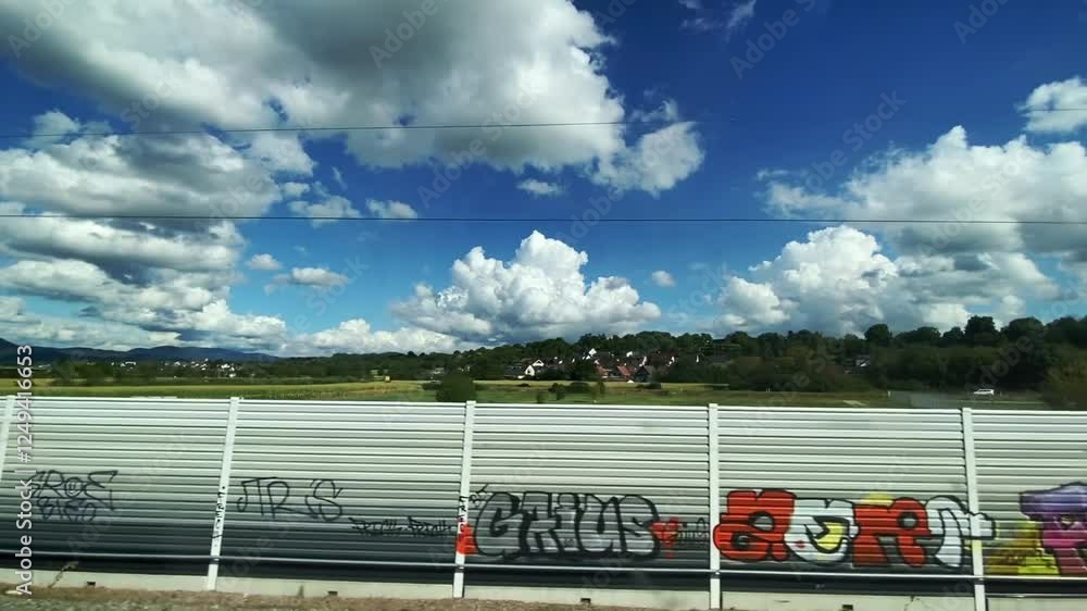 Poster train is passing through a field of corn. the sky is cloudy and the sun is shining through the cloud