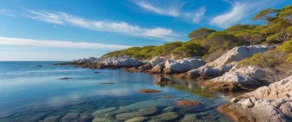 Fototapeta premium Serene coastal view of a rocky shoreline with clear water and greenery on a sunny day