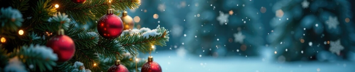 Obraz premium snowflakes gently falling around a festive green tree with ornaments and presents, serene, winter, snowflake
