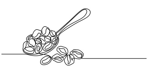 raisins with spoon continuous one line drawing, Sultanas on a metal scoop, Dried raisins in the wood spoon on a white background, raisin in wood spoon isolated on transparent. Top view outline pro.