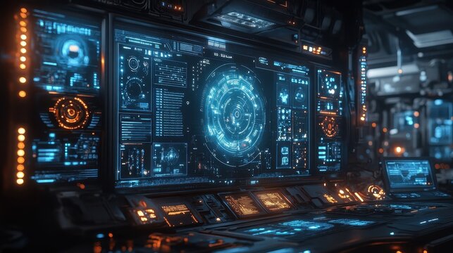 Futuristic spaceship control panel, monitoring systems, dark background, sci-fi film use