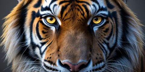 A close up of a tiger's face with yellow eyes.
