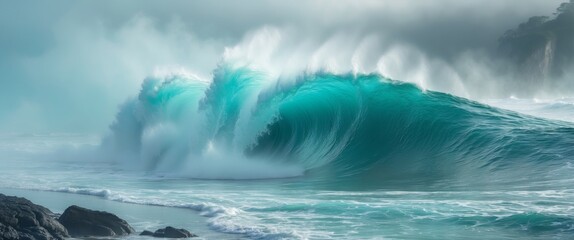 Powerful Teal Ocean Wave Crashing in Foggy Coastal Seascape