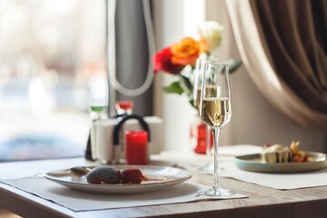 Romantic atmosphere filled with fresh flowers and elegant table settings. Guests enjoy beautifully crafted sushi while savoring sparkling beverages in a cozy restaurant setting
