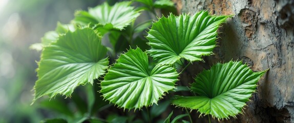 Lush Green Leaves with Jagged Edges on Rustic Nature Background.