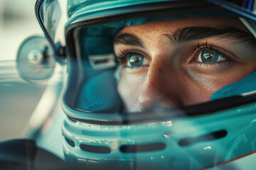 Professional racing team lineup in helmets and gear, showcasing unity and determination in motorsport, generative AI