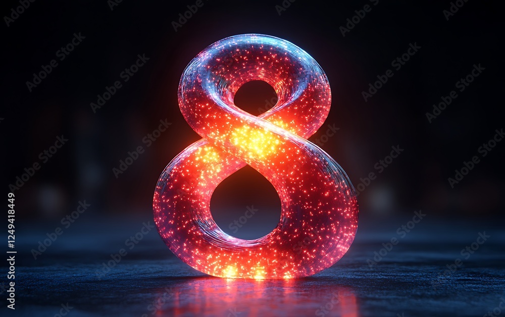 Poster glowing translucent number 8 with sparkles on dark background