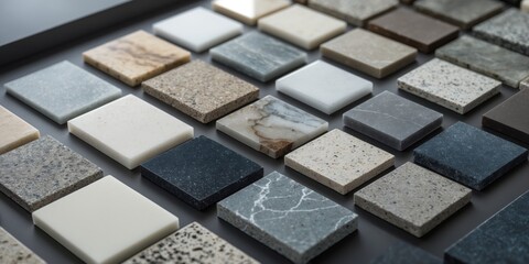 Fototapeta premium Close up samples of artificial stone for modern interior design in kitchens or bathrooms.