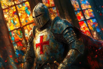 A medieval knight stands before a stained glass window
