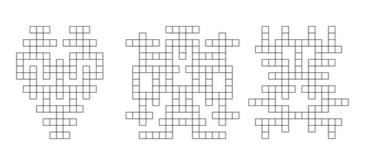 Vector symmetric crossword. Set of three word games. Line puzzle isolated on white background